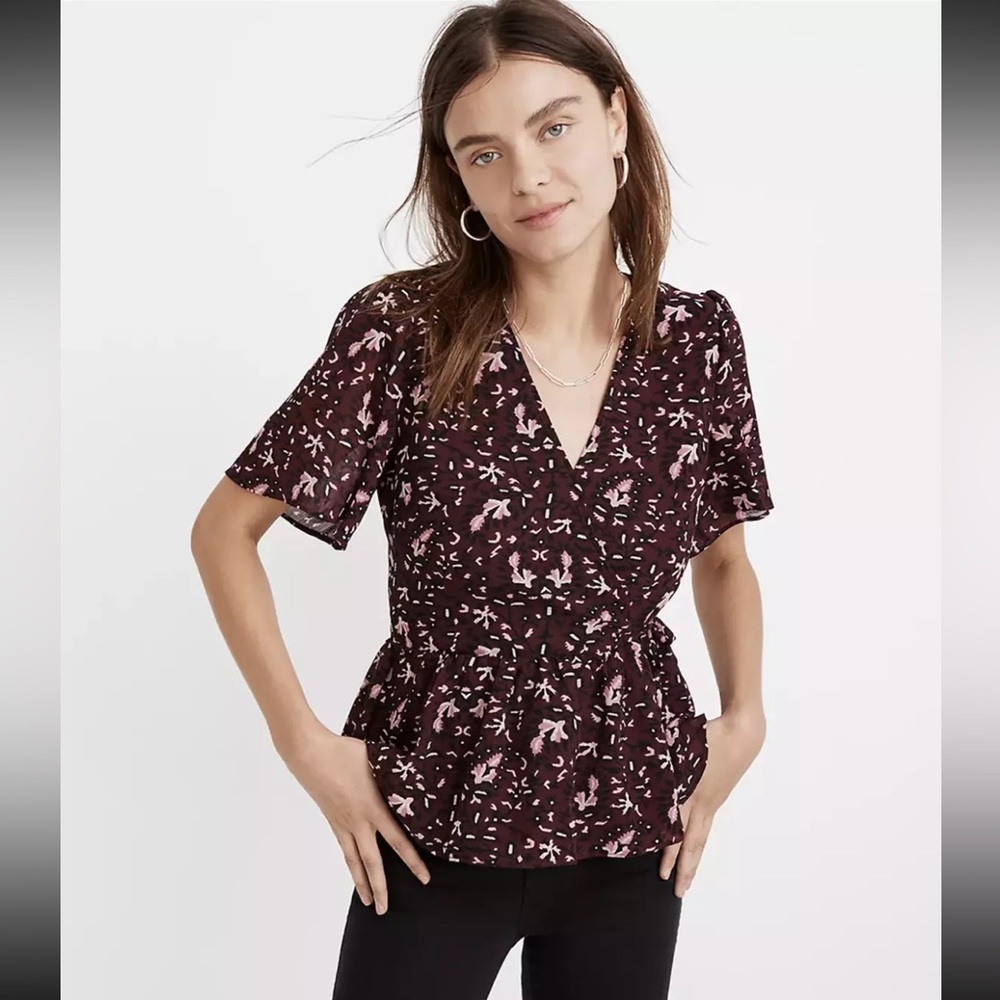 Madewell Burgundy Georgette Flutter Sleeve Block Pattern Wrap Top Size Medium